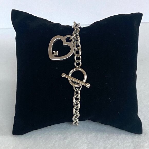 Solid Sterling Silver 925 UD Diamond Chip Heart Charm Cable Chain Bracelet 7.25" - Picture 5 of 16